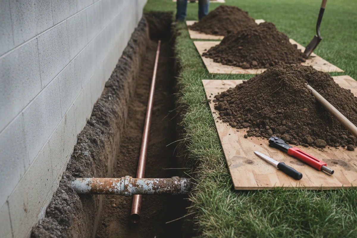 Excavated water line trench during Sewer Line Repair in Lulu